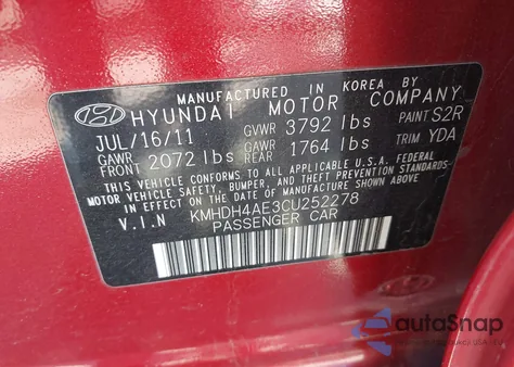 2012 Hyundai Elantra Gls (Ulsan Plant) z USA, uszkodzony, nr VIN KMHDH4AE3CU252278